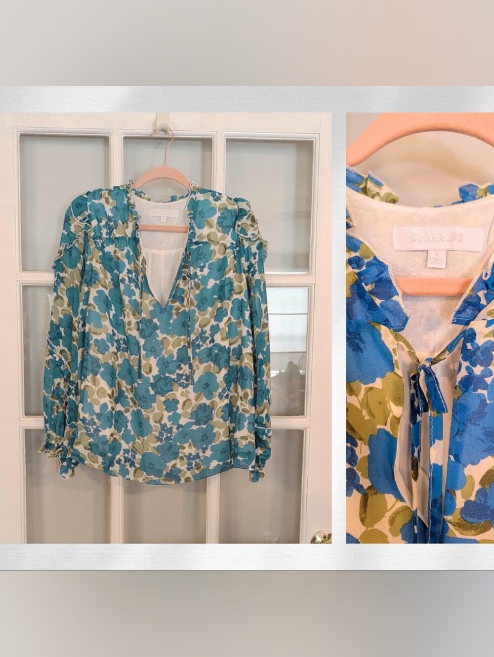 LOFT Blue and Green Floral Tie-Neck Blouse